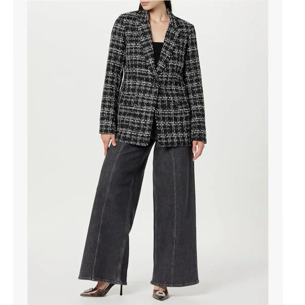 The Drop Blazer Womens Size XS Blake Long Plaid Single Breasted Black Boucle